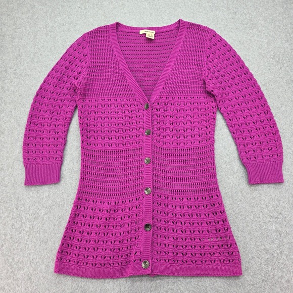 DKNY Jeans Women's Size S Magenta Crochet Knit Button Front Cardigan Sweater - Picture 2 of 10